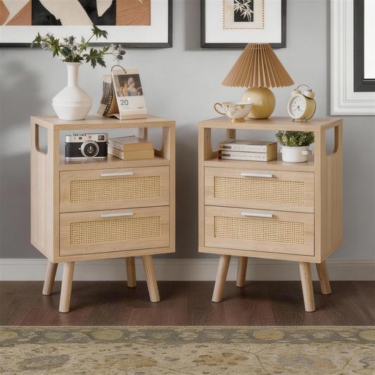 Set of 2 with 2 Drawers, 15.4' Modern Storage Bedside Table with  Handles, Wooden End Table for Bedroom,Natural Wood  W5368P460480