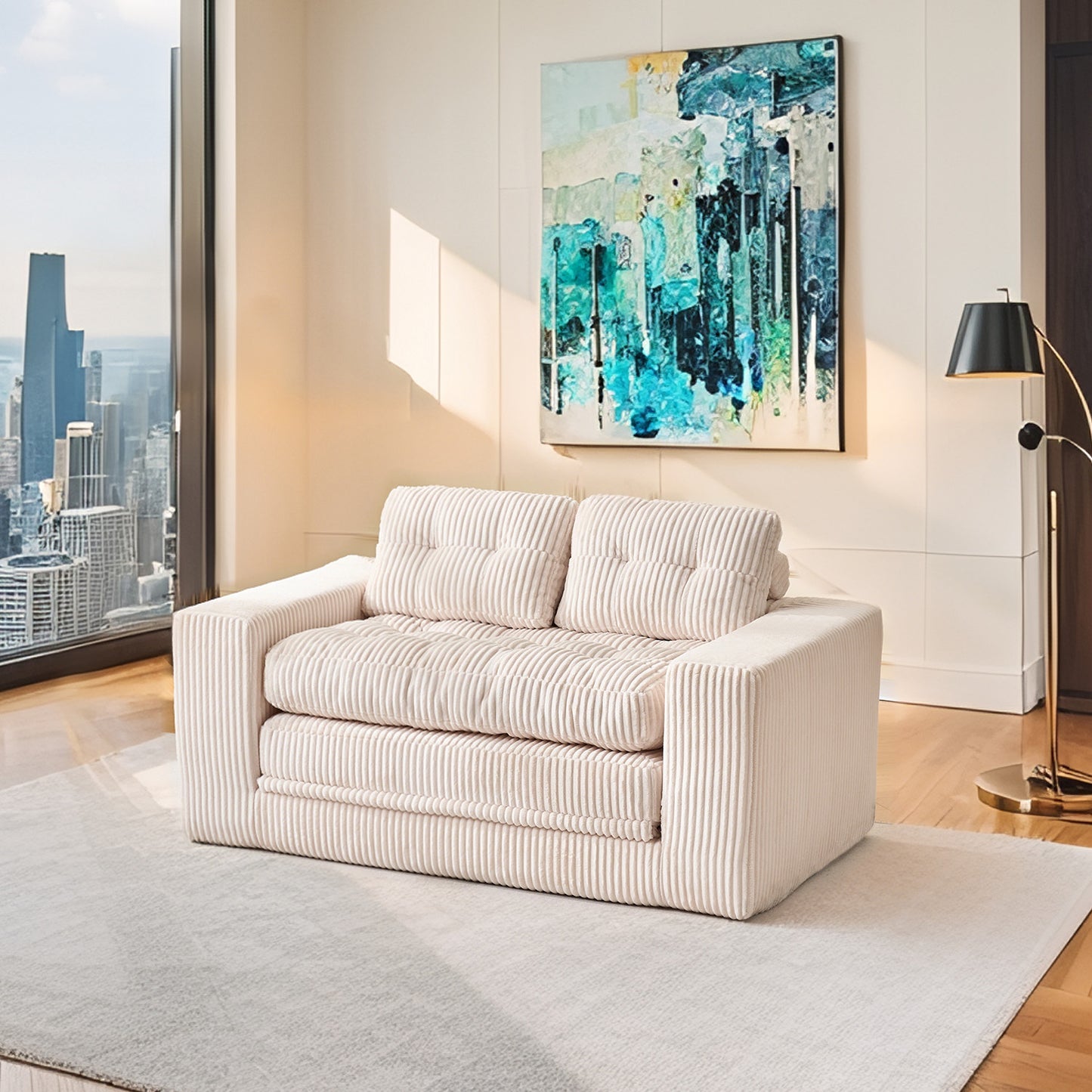 Loveseat Sofa Bed with Memory Foam & Steel Frame - No Assembly, Convertible 2-in-1 Design, Corduroy Fabric - Compact Couch for Small Spaces, Apartments, Home Office & Bedroom (Beige)  W2959P379141