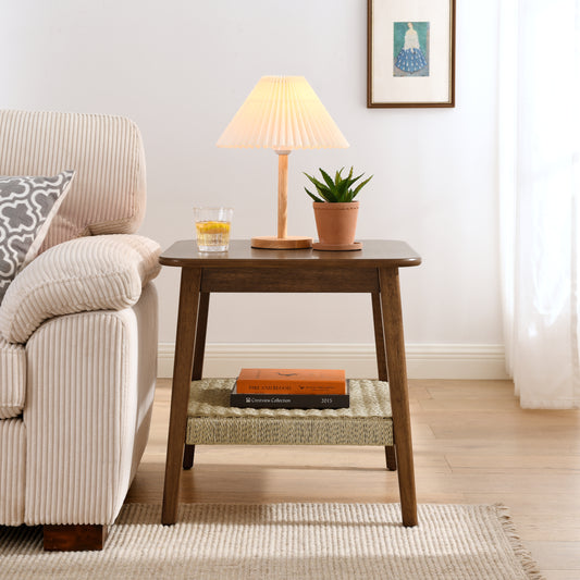 23' Mid-Century Side Table with Woven Shelf, Boho Side Table with Storage, Bedside Tables, Small Side Table for Living Room Couch Bedroom Patio Home Office, Dark Walnut  W1801P290025