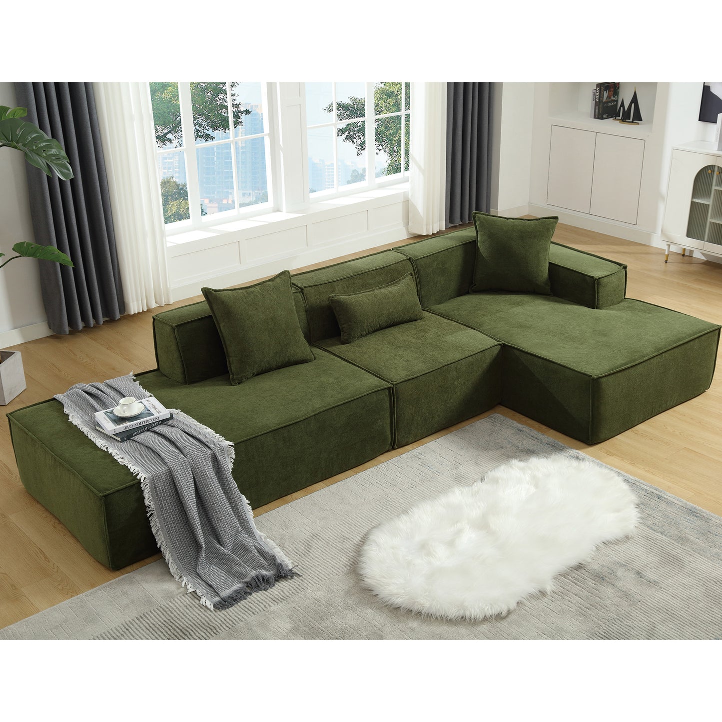 [VIDEO PROVIDED] Modular combination living room sofa set, modern minimalist sofa, free installation sofa, L-shaped, Italian minimalist tofu block sofa, Right-Hand Facing,Terrycloth fabric,Green W2108S00022