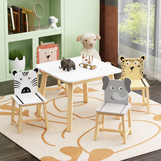 5 Piece Kiddy Table and Chair Set , Kids Wood Table with 4 Chairs Set Cartoon Animals (bigger table) (3-8 years old)  W80860280