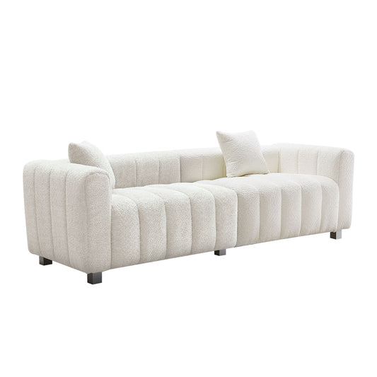 Modern Velvet 3-Seater Sofa with Metal Base Legs and 2 Pillows, White Upholstered Couch for Living Room or Bedroom, 87.4'' x 33'' x 26'' W2795S00009