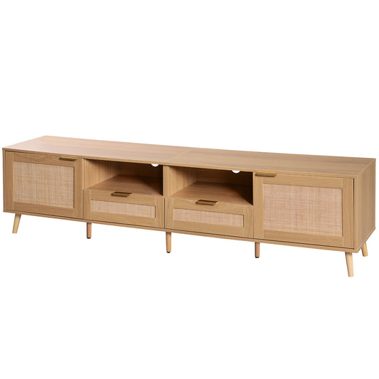 Modern Farmhouse Rattan TV Stand for TVs up to 85'', Solid Wood Legs, Media Console with MDF Board, Living Room Entertainment Center in Wood Finish  WF316678AAP