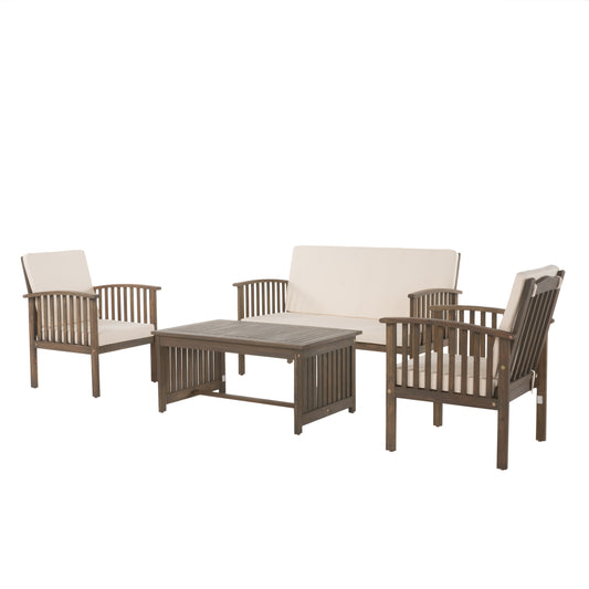 4-Piece Outdoor Chat Set with Water Resistant Cushion and Wood Frame, Cream and Grey  59116.00GRY