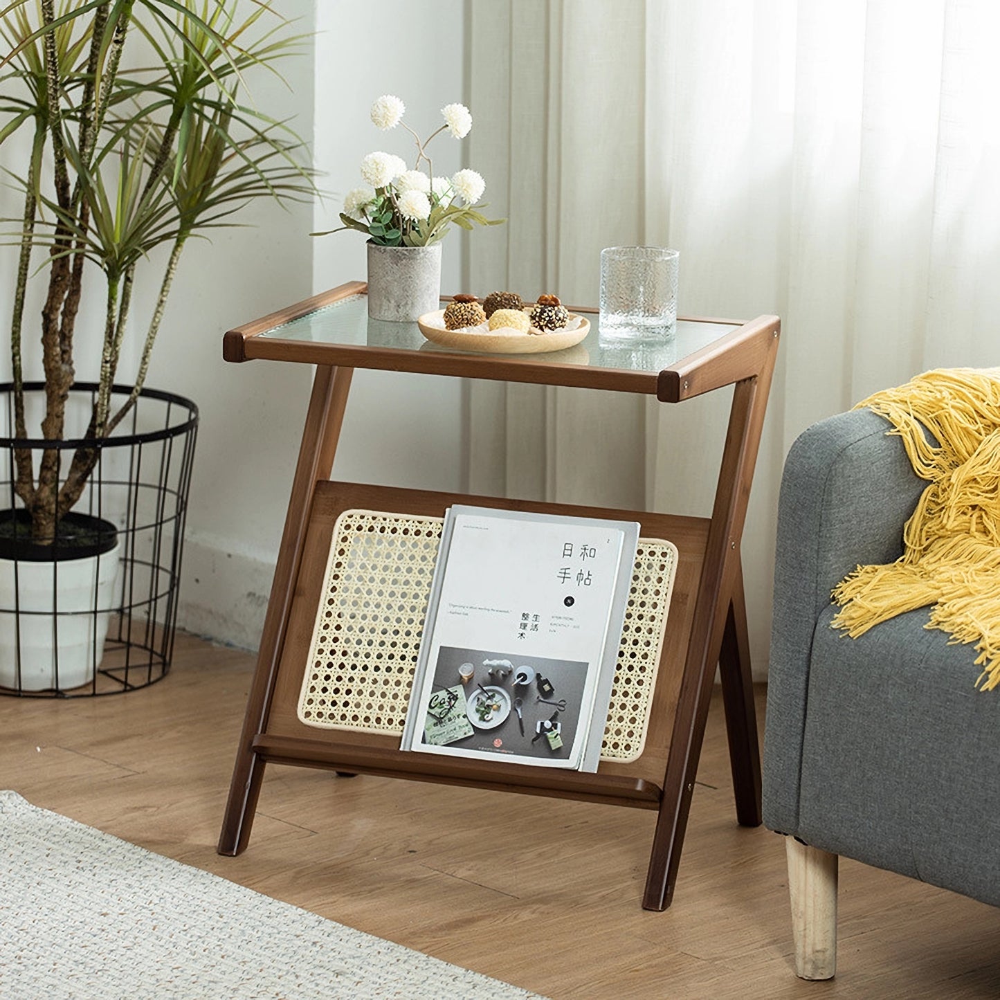 Rattan Nightstand Side Table, Bamboo Accent Bedside Tables, Glass Coffee Tables, Boho End Table with Storage for Small Space Living Room Bedroom, Brown W3101P382567