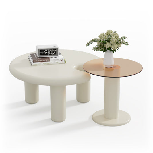 Circular Beige Cream Coffee Table Set Easy Assembly for Living Room W3081P254978