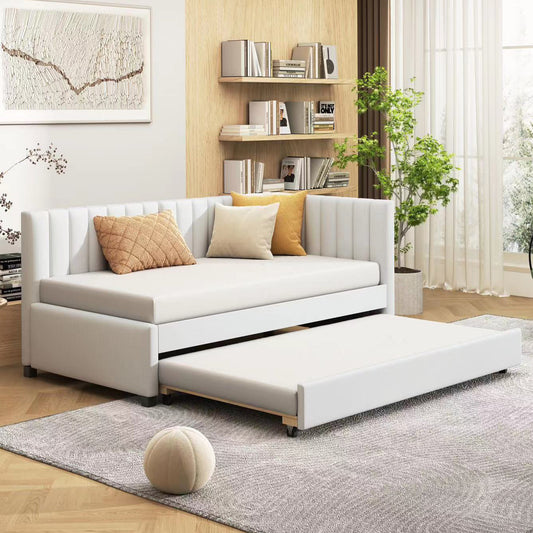 Upholstered Daybed with Trundle Twin Size Sofa Bed Frame No Box Spring Needed, Linen Fabric(Beige)  LP000171AAA