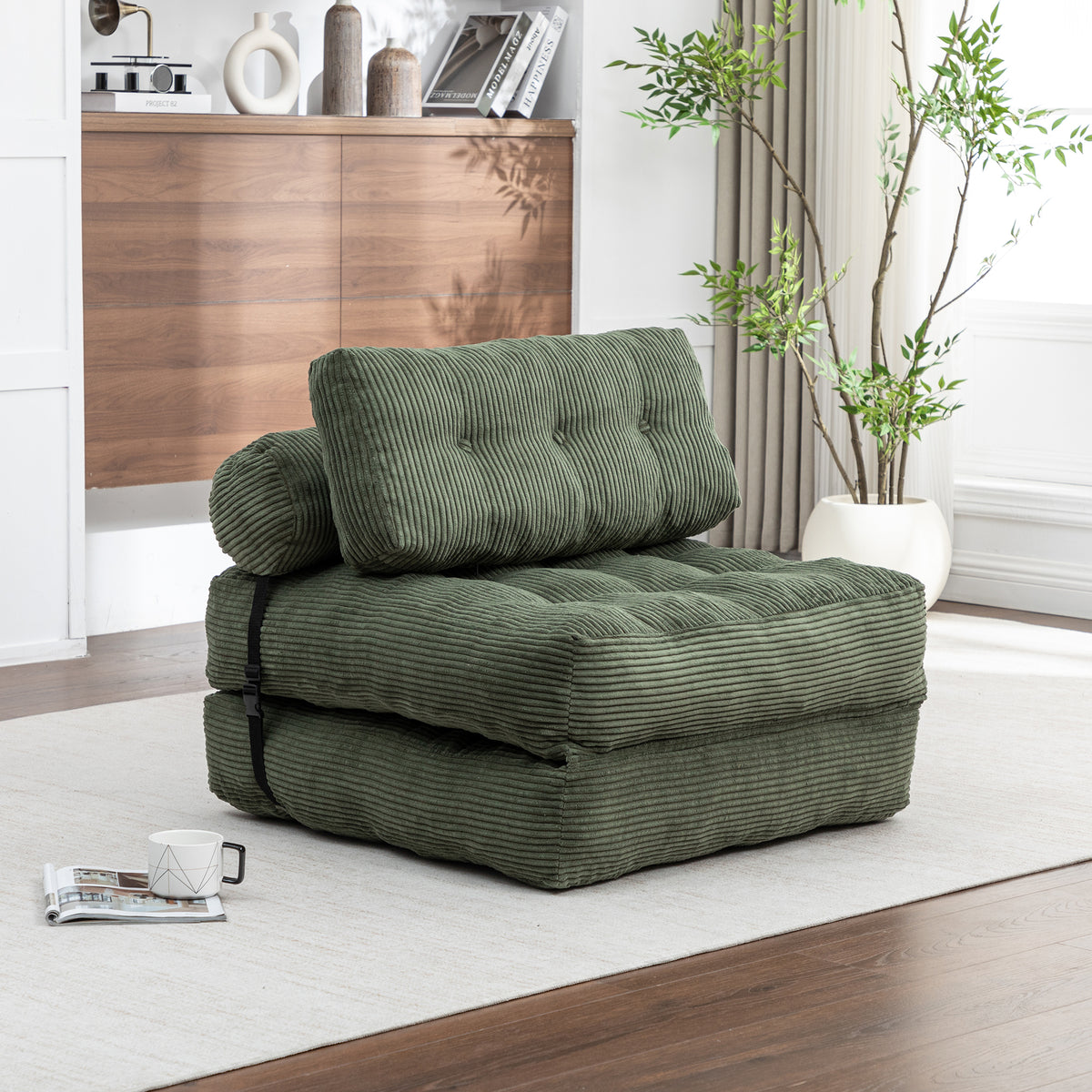Folding Sofa Bed, Convertible Sleeper Chair with Pillow Foldable Mattress with Back Support, Portable Fold Out Chair Bed Comfy Floor Sofa Lounge for Living Room Bedroom, Green, Single  W2200P442796