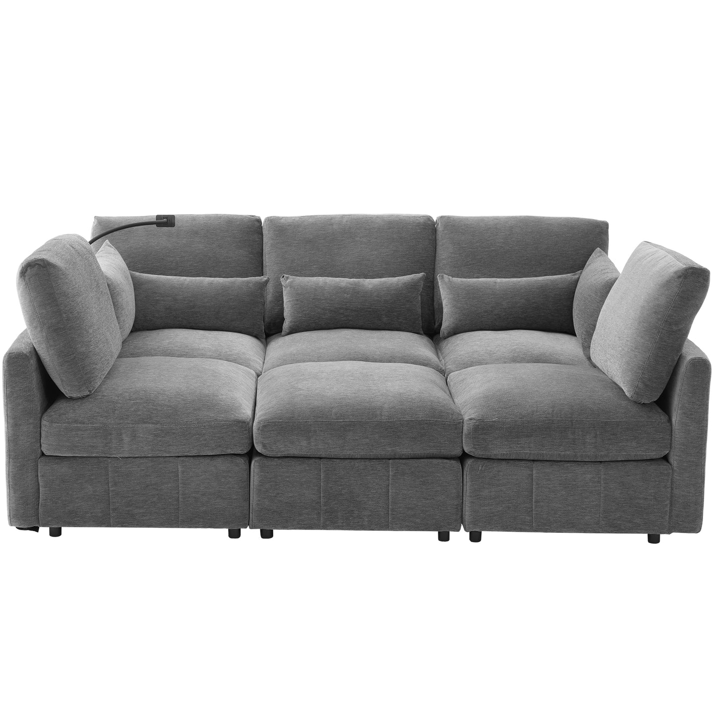 Modern Sectional Sofa Modular Sofa with Movable Ottoman, USB Ports & Phone Holder, Grey Chenille, 85.4'  N719S002050E