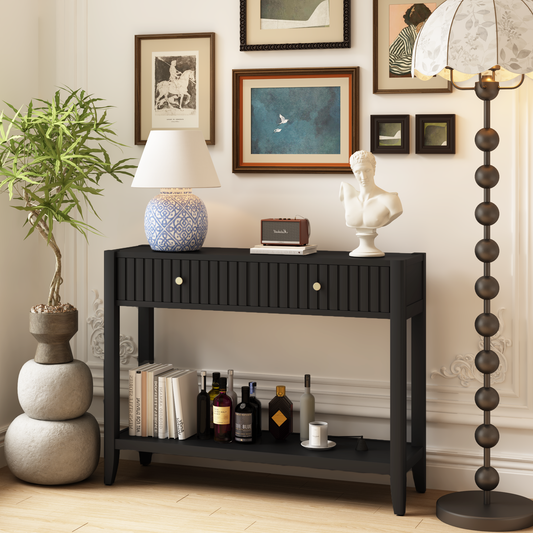 29.53' Tall Console Table with Drawers, Narrow Wood Accent Sofa Table Entryway Table with Storage Shelf for Entryway, Front Hall, Hallway, Living Room, Black  W808P402128