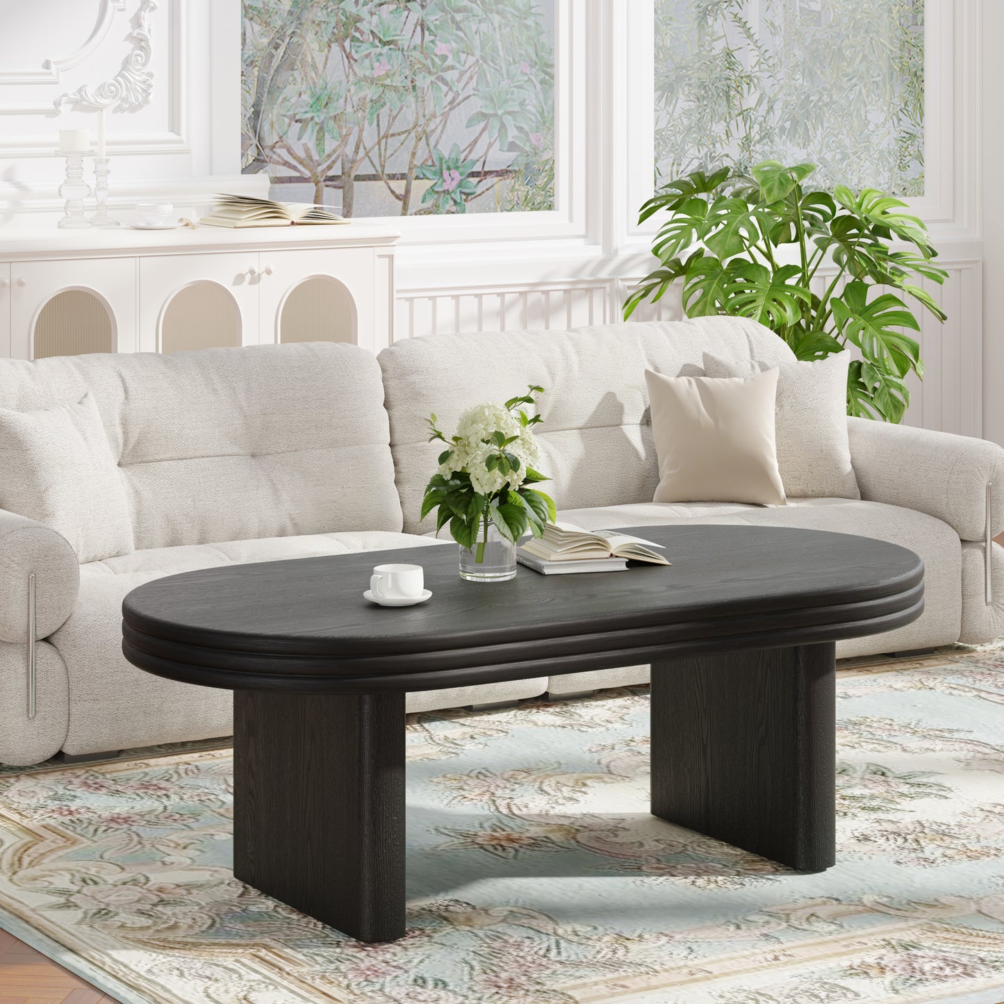 Mid Century Modern Oval Fluted Coffee Table, Farmhouse Wood Coffee Table, Cocktail Table, Center Table for Living Room, Office, Home Decor(Black, 23.62' D x 47.24' W x 16.34' H)  W757P370255