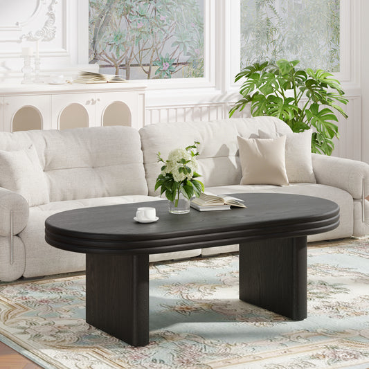 Mid Century Modern Oval Fluted Coffee Table, Farmhouse Wood Coffee Table, Cocktail Table, Center Table for Living Room, Office, Home Decor(Black, 23.62' D x 47.24' W x 16.34' H)  W757P370255