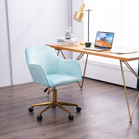 Modern Velvet Fabric Material Adjustable Height 360 revolving Home Office Chair with Gold Metal Legs and Universal Wheels for Indoor,Aqua Light Blue  W52737396