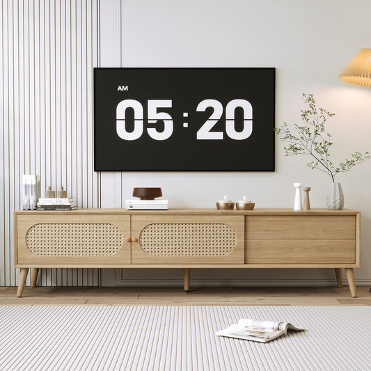 Boho TV Stand for TVs up to 80'' , Modern Farmhouse Media Console, Entertainment Center with Solid Wood Legs, TV Cabinet for Living Room, Home Theatre  N710P222775P
