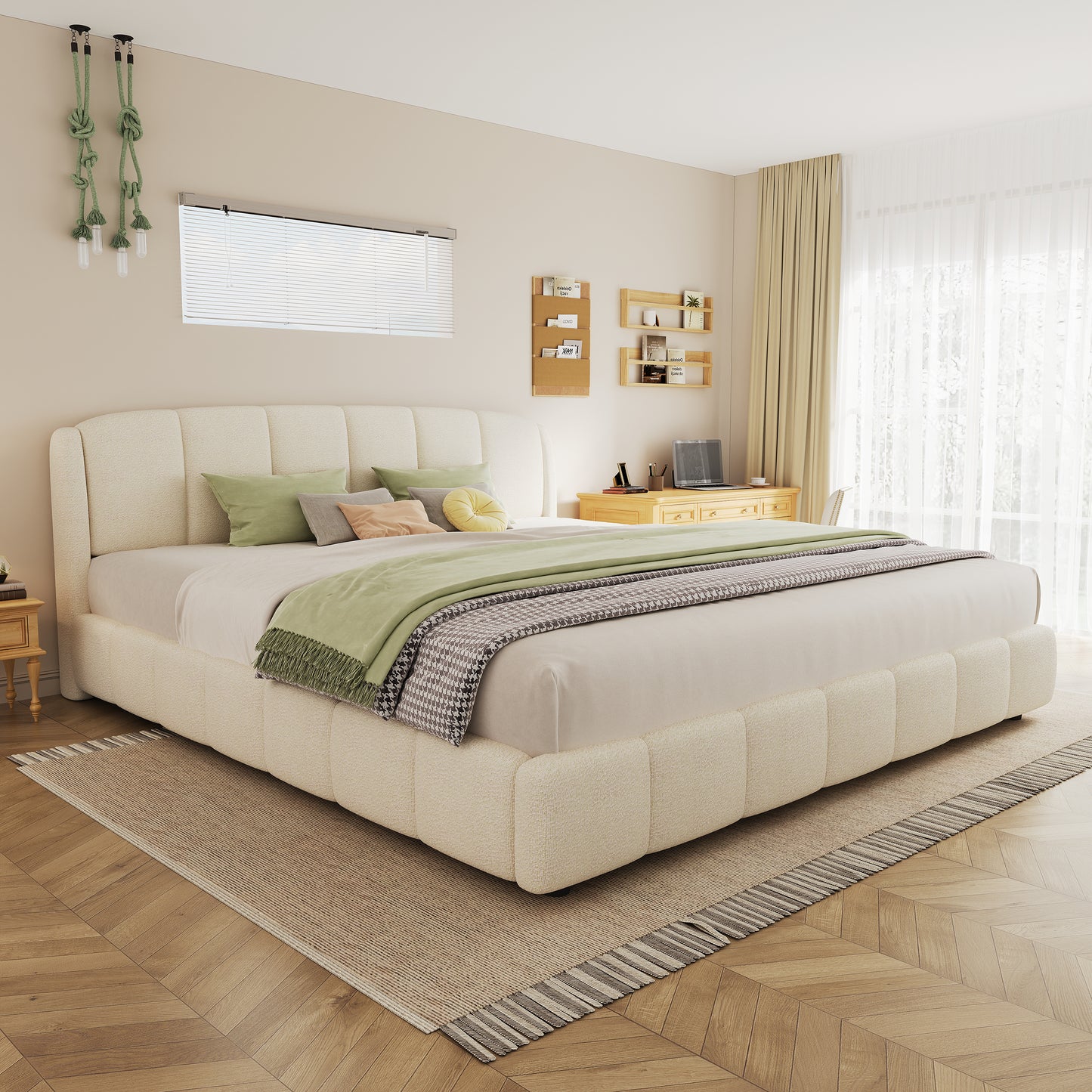 King Size Platform Bed with Boucle, Soft Boucle Fabric Upholstered Platform bed with Curve-Shaped Design Headboard, Beige  N757P284560I