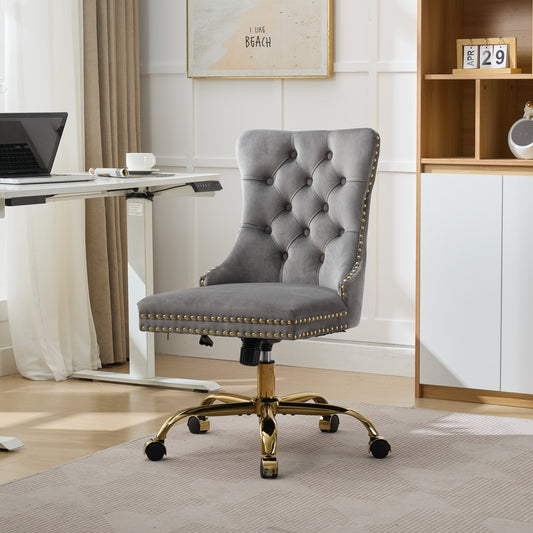 A&A Furniture Office Chair,Modern Velvet Upholstered Tufted Button Home Office Chair with Golden Metal Base,Adjustable Desk Chair Swivel Office Chair (Gray)  W1143P292468