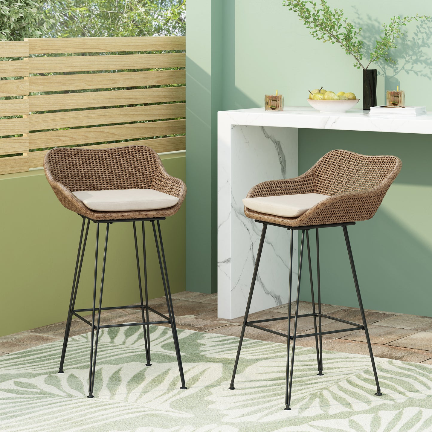 29.25' Outdoor Wicker and Iron Low Back Barstools, Light Brown, with Beige Cushion (Set of 2)  71503.00LBRN