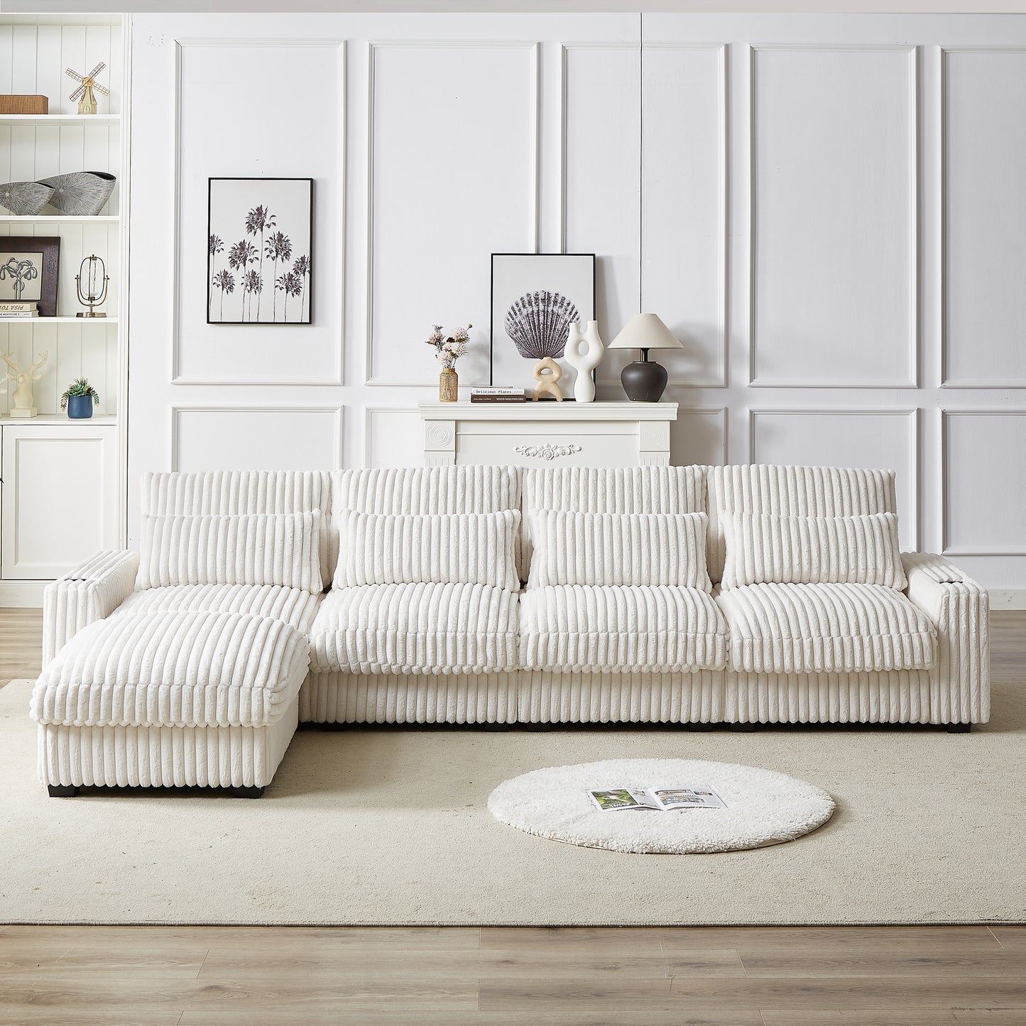 126-inch Corduroy With Cup Holder Super Large L-Shaped Sofa, Movable Footrest, Four Waist Pillows And Four Back Cushion, With USB Port And Type-C Port  W834S00337