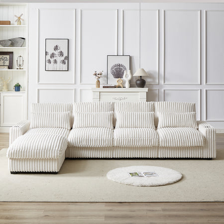 126-inch Corduroy With Cup Holder Super Large L-Shaped Sofa, Movable Footrest, Four Waist Pillows And Four Back Cushion, With USB Port And Type-C Port  W834S00337