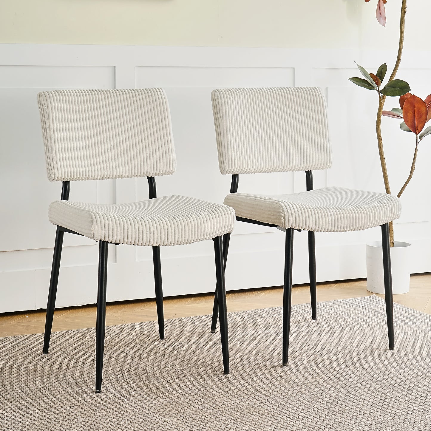 Modern Beige simple dining chair Fabric Upholstered Chairs home bedroom stool back dressing chair black metal legs(set of 2)  W210132720