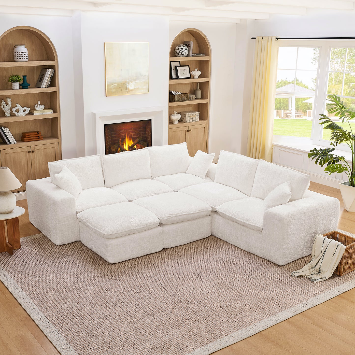 107'' Modern Boucle L-shaped Sectional Sofa with Two Moveable Ottomans for Living Room, Comfy Cloud Couch with Pillows, DIY Combination W1413S00160