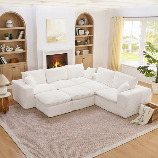107'' Modern Boucle L-shaped Sectional Sofa with Two Moveable Ottomans for Living Room, Comfy Cloud Couch with Pillows, DIY Combination W1413S00160