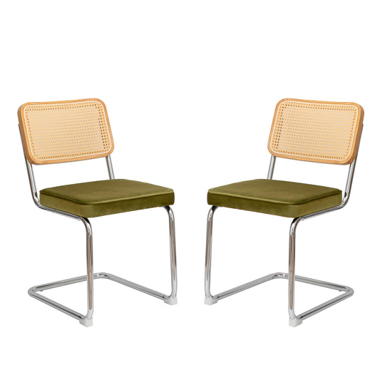 Modern Mid Century Velvet Rattan Dining Chairs Set of 2 with Chrome Legs, Olive Green Upholstered Side Accent Chairs W2105P171808