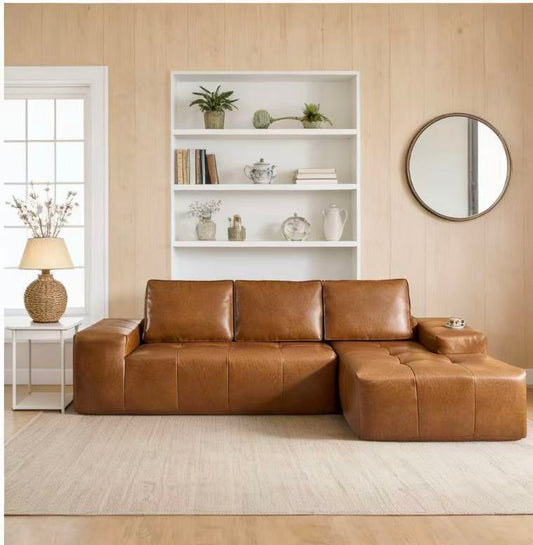 Boneless Couches for Living Room, Brown Faux Leather Cloud Sectional Couches with Chaise, Deep Seat L Shaped Modular Sofa, No Assembly Required Sofas in a Box(Right,Faux Leather,Brown) W3955S00011
