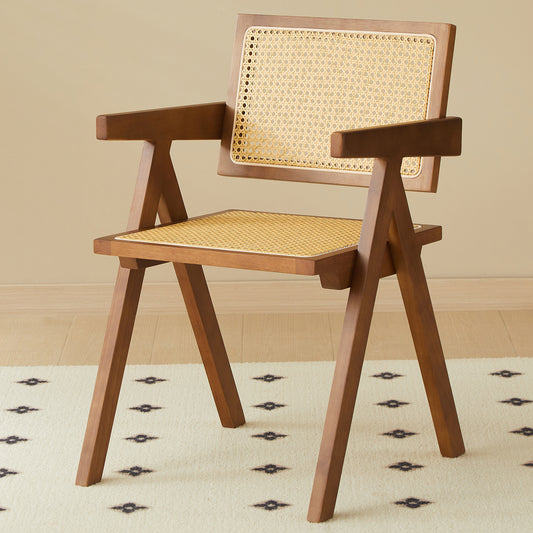 2 dining chairs, walnut color, using rubber wood rattan weaving process, armrest solid wood dining chair, living room chair, simple and natural  W2720P237606