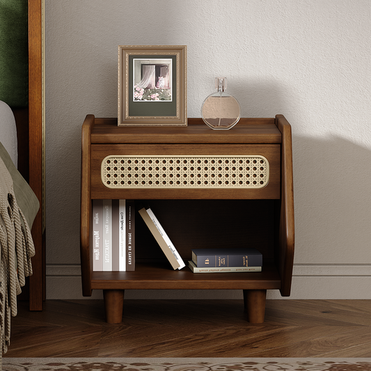 Walnut Nightstand with Rattan Detail, MDF + Solid Wood, Modern Bedroom Storage, Open Shelf & Drawer, Indoor Furniture  N770P374577D