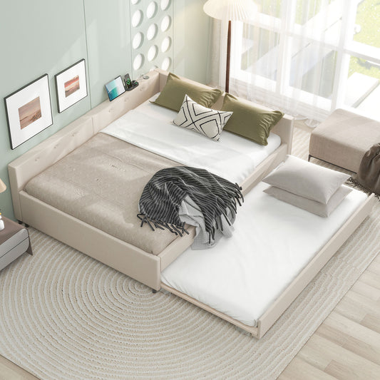 Queen Size Upholstered Platform Bed with USB and Twin Size Trundle, Beige  DL000559AAA