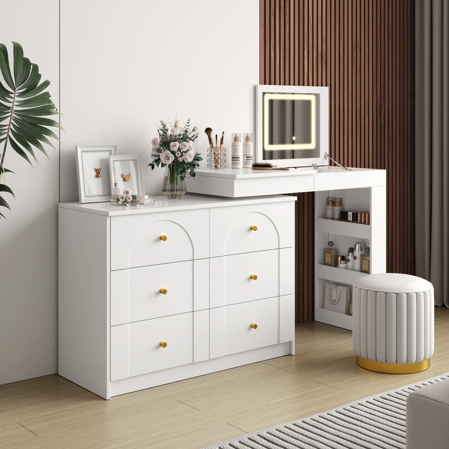 Vanity Desk with Mirror and Lights, Makeup Vanity Table with Flip-Top Tabletop and Storage 7 Drawers, 9 Compartments, 3 Shelves, 3 Color Modes Adjustable Makeup Table for Bedroom,White  N733S363650K
