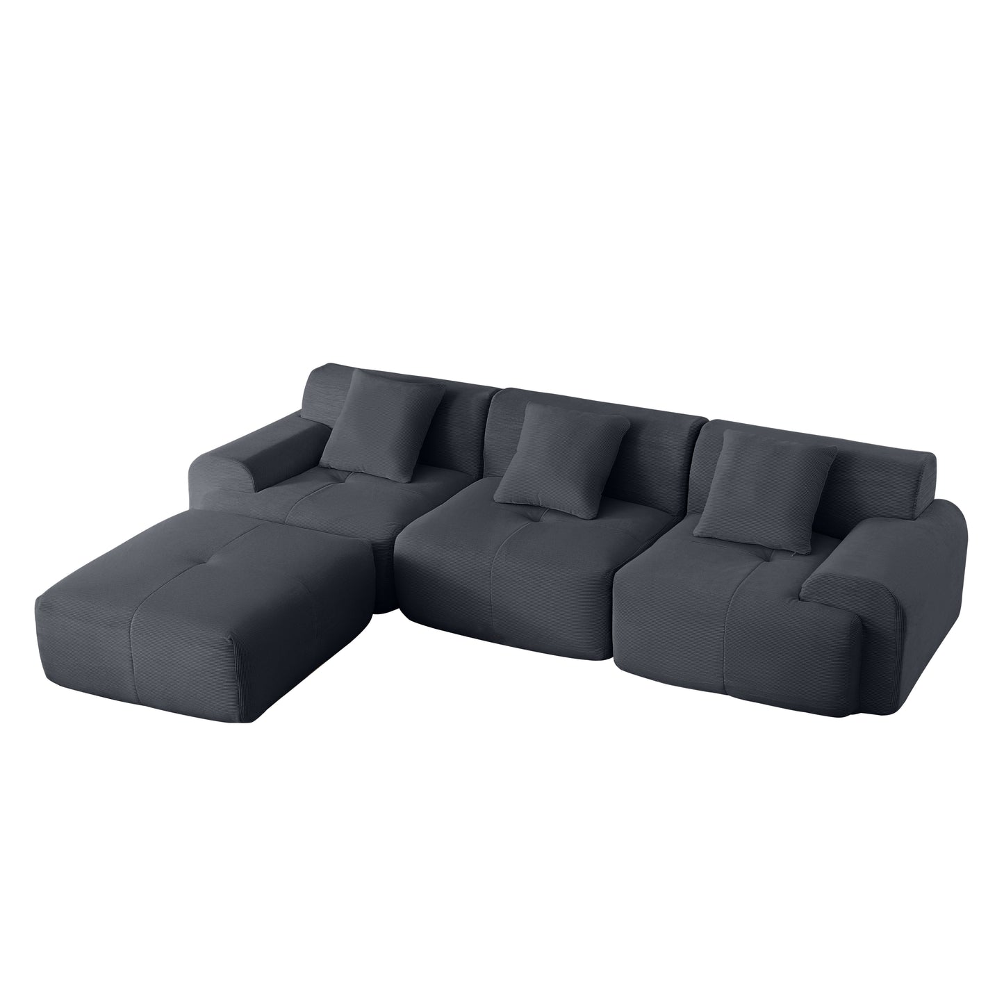 Modern L-Shaped Modular Sectional Sofa with Corduroy Upholstery in Dark Gray, Oversized 3-Seater Couch with Deep Seat and Movable Ottoman – No Assembly Required  W1359S00024