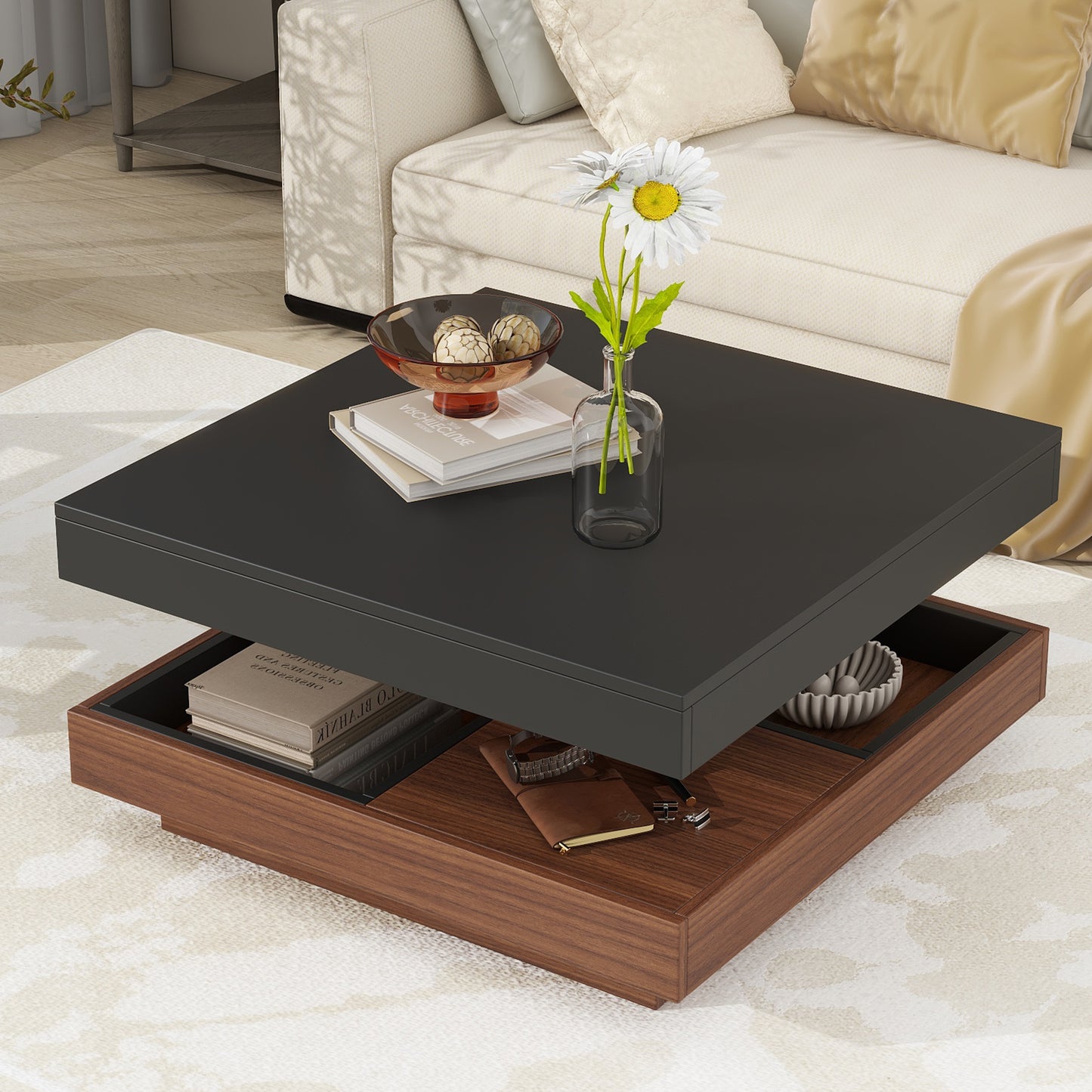 ON-TREND Modern Square 360°Rotating Coffee Table with Three Detachable Tray, 2-Tier Farmhouse Wood Center Table with Storage for Living Room, Black, 27.5*27.5in N721P191981B