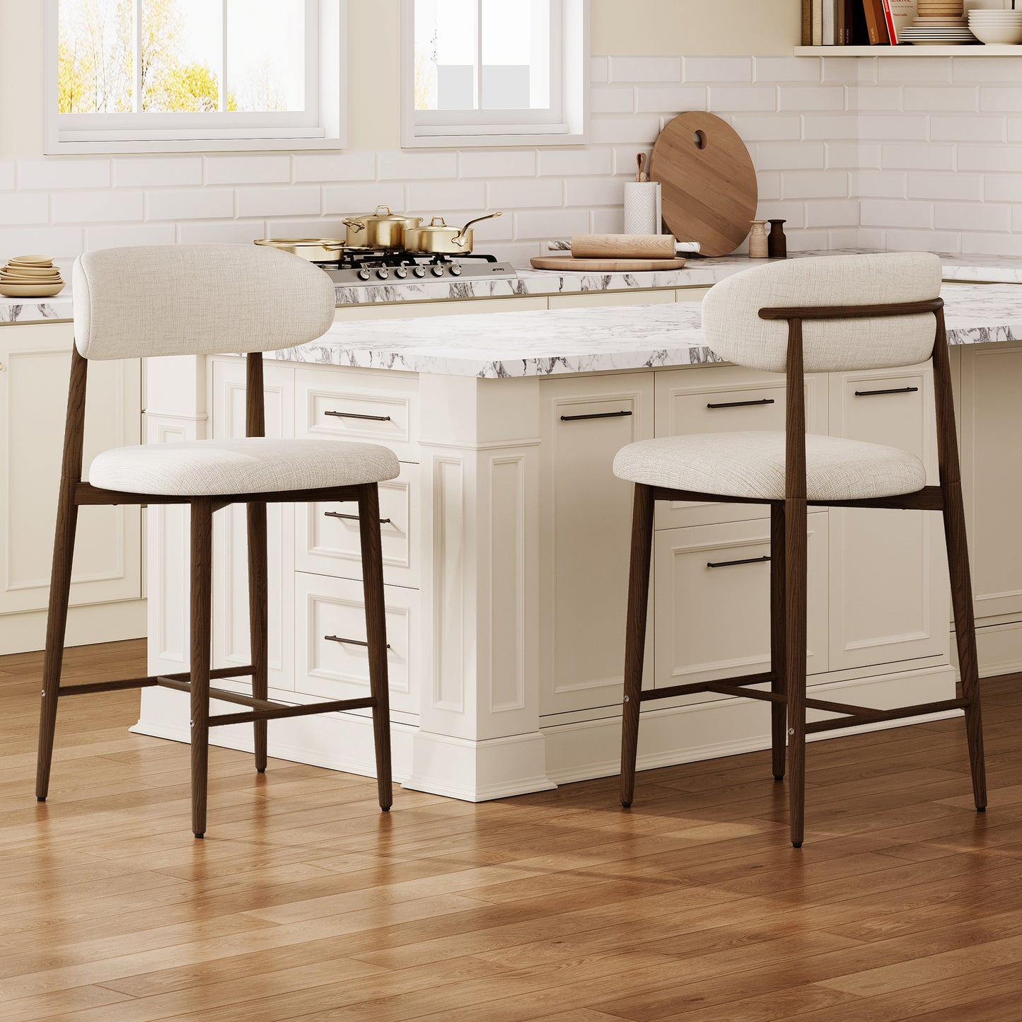 Counter Height Bar Stools Set of 2, Upholstered Counter Stools Modern Barstools with Metal Legs for Kitchen Island Dining Room, Beige  W3916P475234