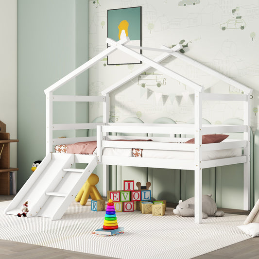 Twin Low Loft House Bed with Slide,  Ladder, Safety Guardrails, House Roof Frame,White  W504P145316