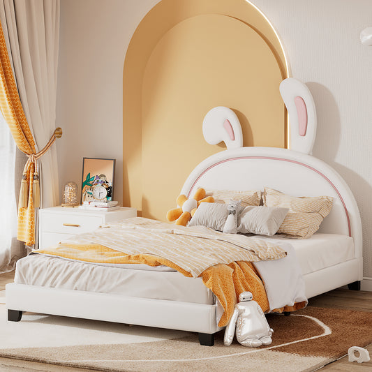 Full Size Upholstered Leather Platform Bed with Rabbit Ornament, White  WF299139AAK