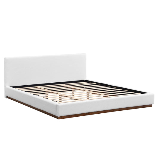 Elegant White Boucle Upholstered Bed with Wood Grain Textured Solid Wood Base Frame, Queen Size, White  N769Q349213A