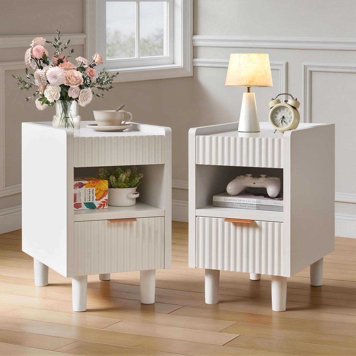 White Fluted Wood Nightstands with Drawer and Open Storage, 2 Pack Modern Bedroom Bedside Side End Tables for Living Room Home Decor  W5368P514106