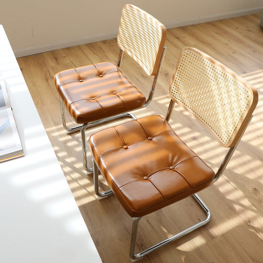 Dining Chairs Set of 2, Fauex Leather Rattan Side Accent Chairs with Chrome Legs, Modern Mid Century Breuer Designed Chairs, Upholstered Dining Living Room Kitchen Chairs (Brown-2pcs) W2105P230515