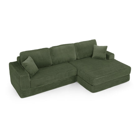 Modern Minimalist L-Shape Modular Sectional Sofa Bed in Green Corduroy, Space-Efficient Design W487S00303