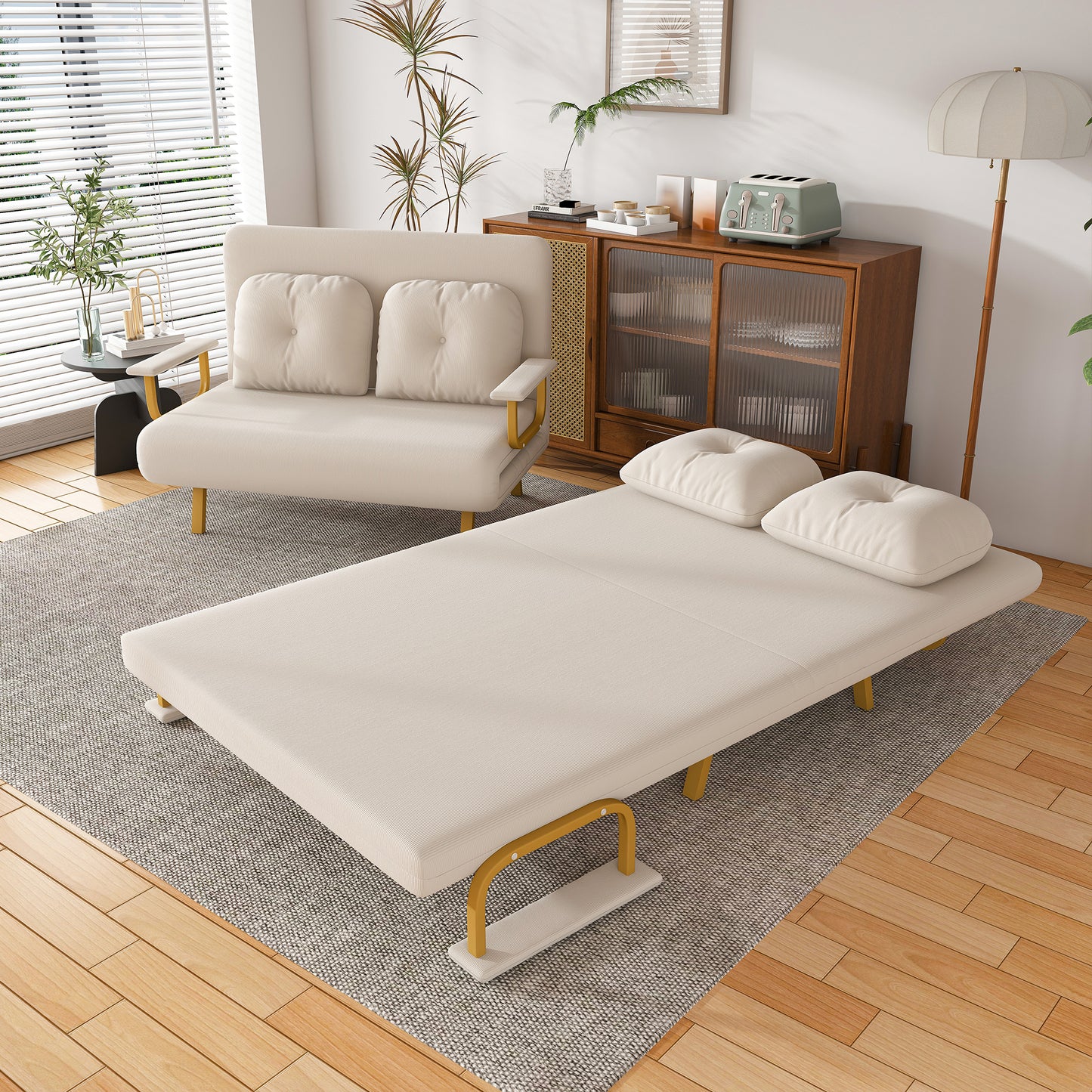 46' Wide Folding Sofa Bed 5-in-1 Convertible Chair for Two - 5-Position Adjustable Backrest with Pillow, Space-Saving Sleeper for Living Room, Bedroom & Office (71.6'W x 46'D)(White)  W2700P431033