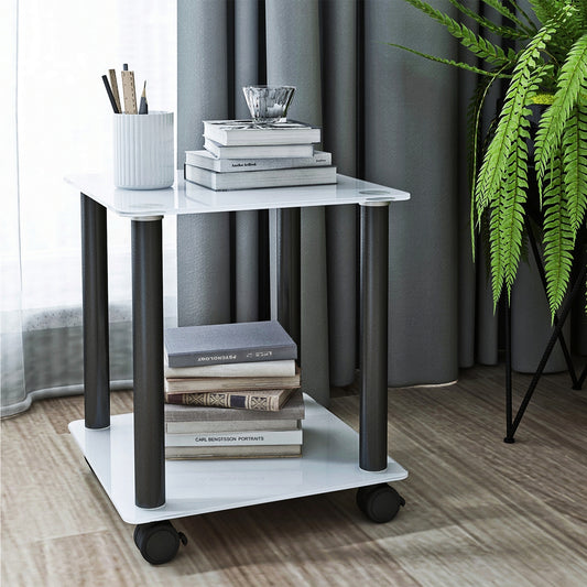 1-Piece White+Black Side Table , 2-Tier Space End Table ,Modern Night Stand, Sofa table, Side Table with Storage Shelve  W24152016