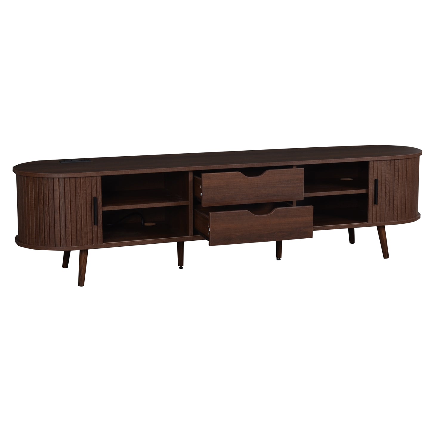 Mid Century Modern TV Stand for 70-Inch TV, Dark Brown MDF & Solid Wood Console with Tambour Doors, Drawers and Built-in Power Outlet  N710P339446P