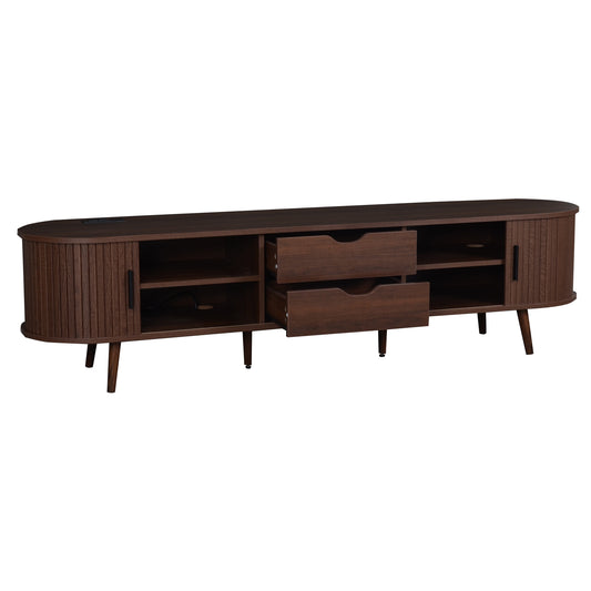 Mid Century Modern TV Stand for 70-Inch TV, Dark Brown MDF & Solid Wood Console with Tambour Doors, Drawers and Built-in Power Outlet  N710P339446P