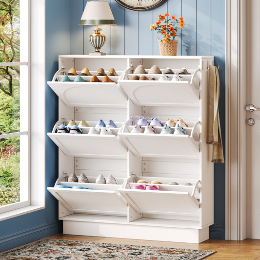 Modern Elegant Narrow Tipping Bucket Shoe Cabinet with 6 Flip Drawers, Space Saving Design, Cream Style Entryway Organizer with Adjustable Shelf, Free-Standing Shoe Rack with 3 Silvery Hooks, White  N721P288699K