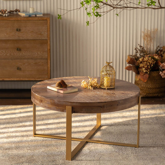 33.86'Modern Retro Splicing Round Coffee Table,Fir Wood Table Top with Gold Cross Legs Base  W757126236