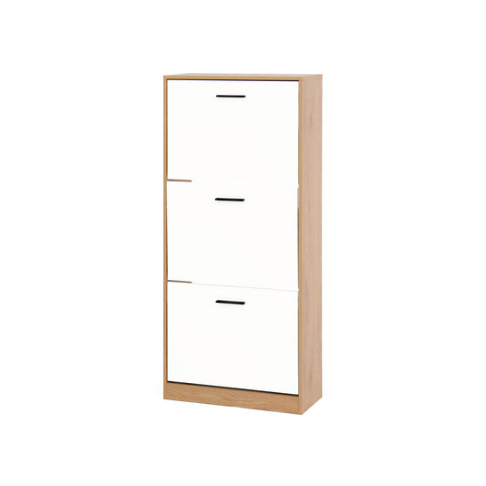 Freestanding Shoe Storage Cabinet with 3 Flip Drawers, White & Natural Particle Board, 47.2 Inches Tall W409P194946