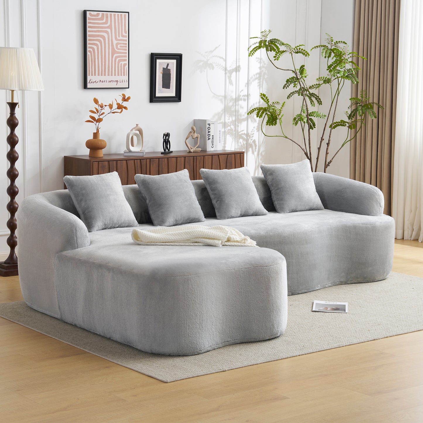 Full Compression L-Shape Sectional Sofa with Curved Chaise, Grey Modular Chenille Couch, High-Density for Apartment Living Room  W3612S00005
