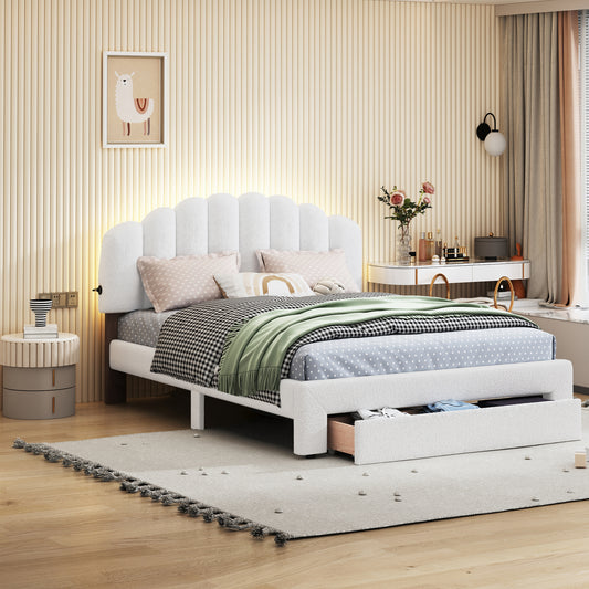 Teddy Fleece Queen Size Upholstered Platform Bed with Drawer, White  WF309187AAK